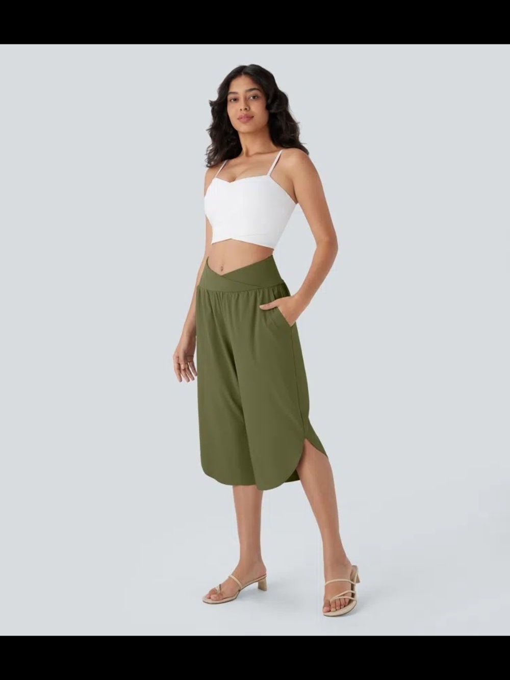 Halara Crossover Wide Leg Capris Pants Olive High‎ Waisted Breezeful Resort